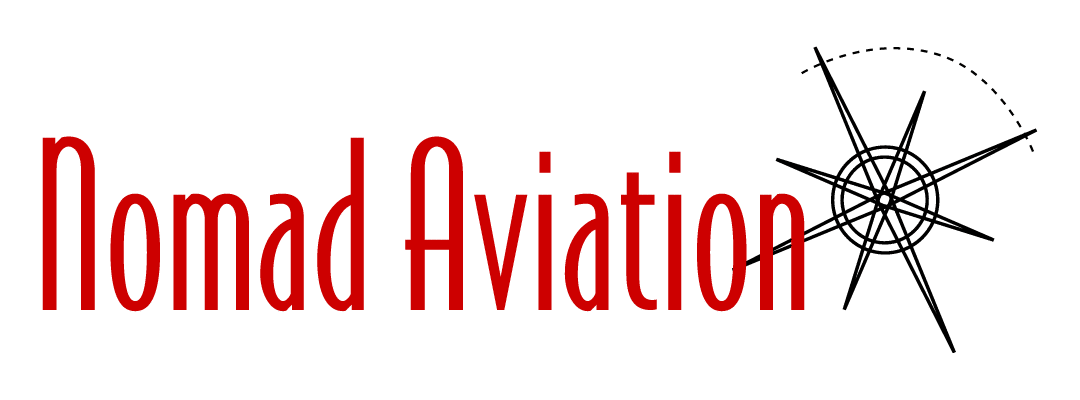 Nomad Aviation logo with nomad aviation words in red and a graphical compass element in black